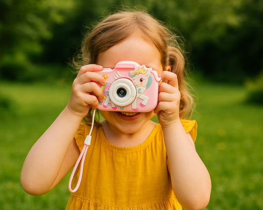 une enfant tenant un appareil photo "enfant" rose